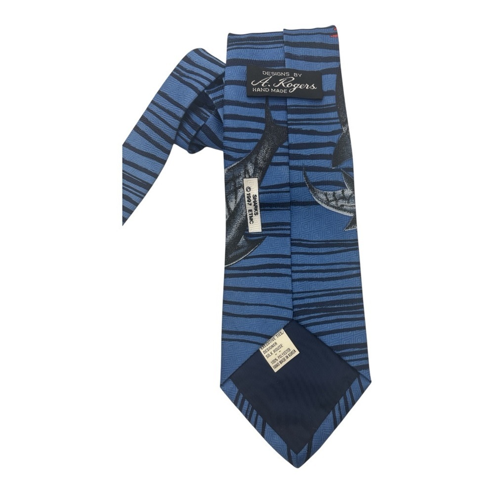 🦈 Vintage A. Rogers Shark Print Tie – Ocean Blue & Black - Picture 4 of 4